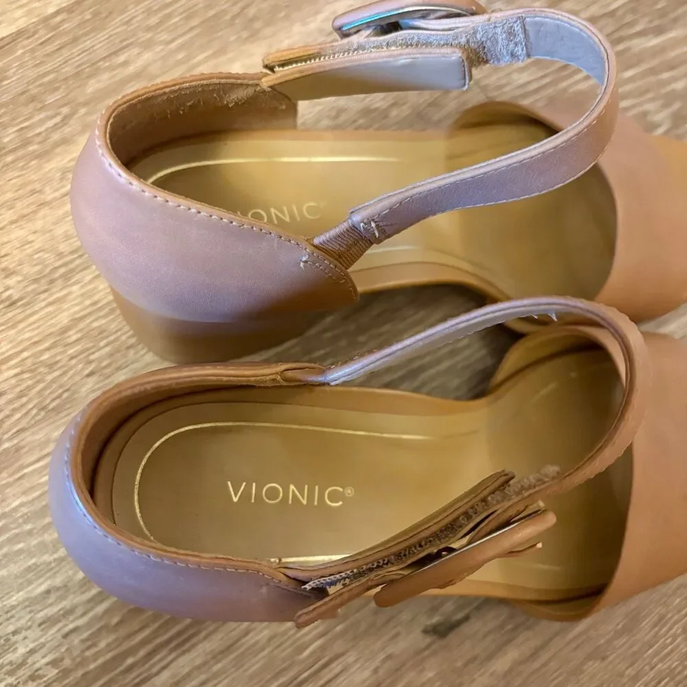 Vionic Buckle Strap Leather Block Heels - Chardonnay